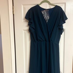 Fashion Bug Dark Teal Maxi Dress with Ruffle Sleeves